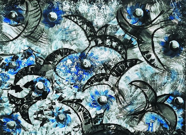 Birds and balls Abstract painting of dark bird silhouettes wheeling among blue spheres on a silver-grey ground