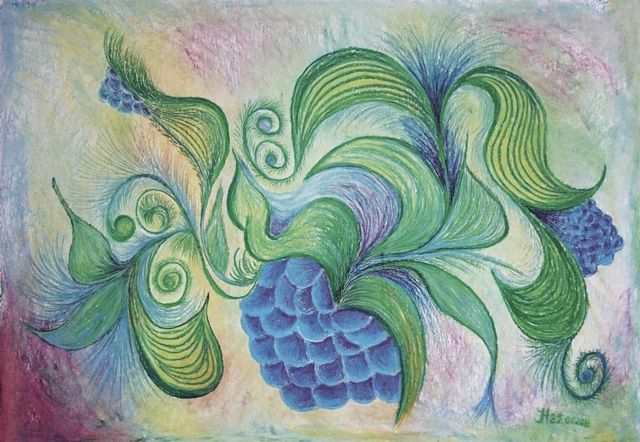 Schilderij van groene scheuten en een blauwe druiventros op een pastelachtergrond