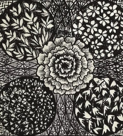 Meditative ink drawing from the course, ornamental patterns