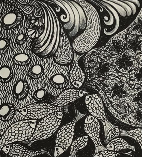 Meditative ink drawing from the course, ornamental patterns