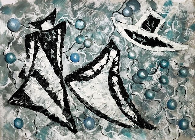 Fashion show Abstract painting of angular black-and-white garment shapes with pearl-blue beads on textured grey