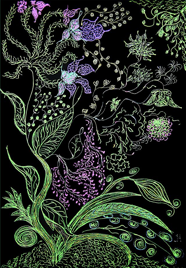 Flower compositions 1 Delicate flowering stems in green and violet drawn on a black background