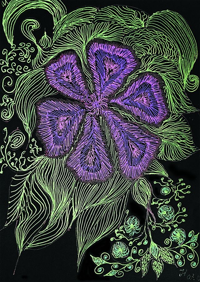 Flower compositions 3 Decorative composition of a large violet flower with feathery green fronds on a black background