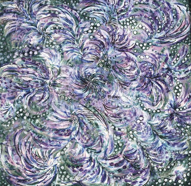 Schilderij van een veld krullende violette veren bezaaid met parels