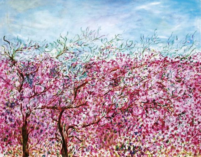Schilderij van bloeiende bomen met roze kruinen tegen een lichte voorjaarslucht