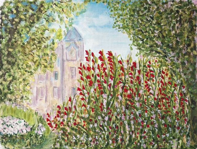 Schilderij van vuurrode gladiolen voor een huis omringd door groen