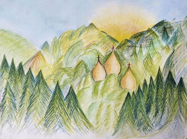 Aquarel van gouden kerkkoepels tussen beboste heuvels bij dageraad