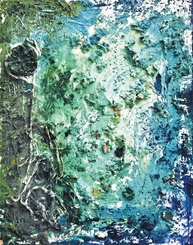 Getextureerd abstract schilderij in turquoise, groen en wit