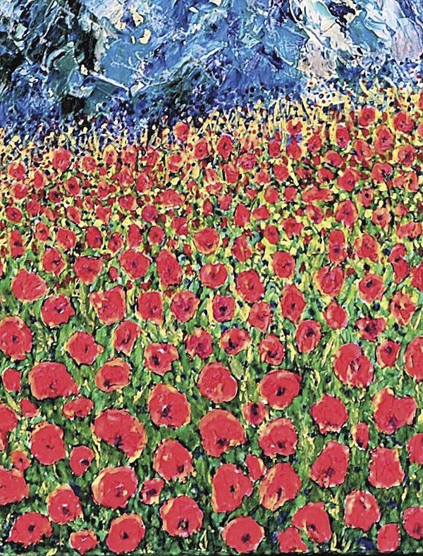 Schilderij van een veld rode klaprozen onder blauwe bergen