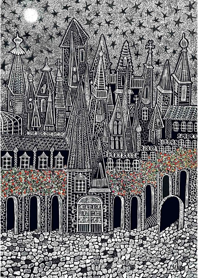 Inkttekening van een ornamentale oude stad met torens onder een sterrenhemel