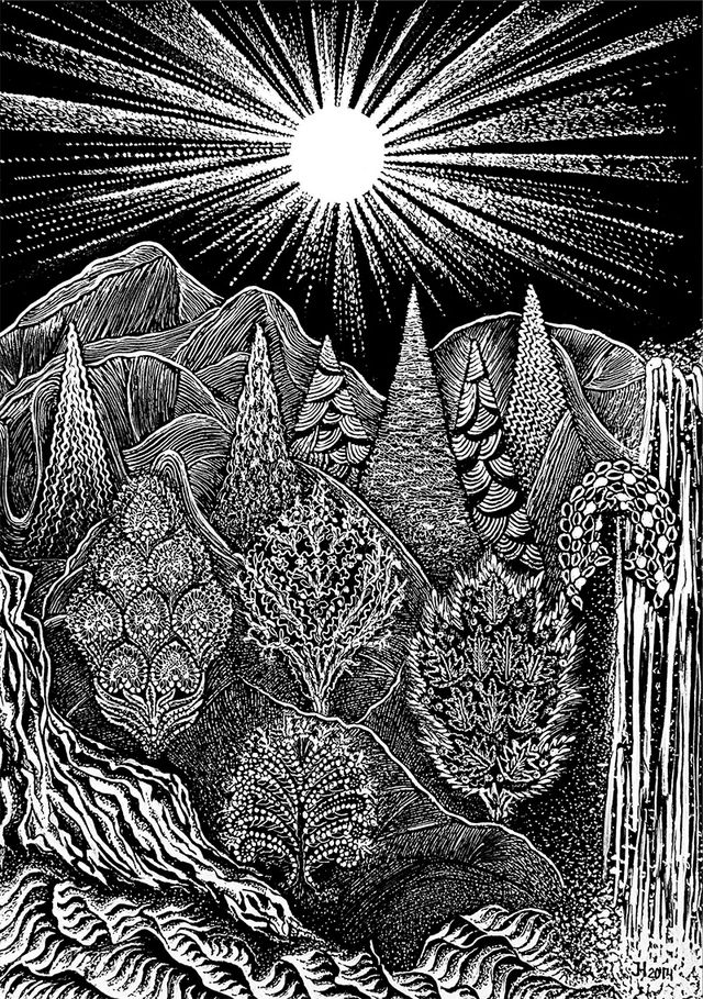 Sunrise in the Carpathians Black-and-white ink drawing of a radiant sun rising over ornamented Carpathian mountain ridges