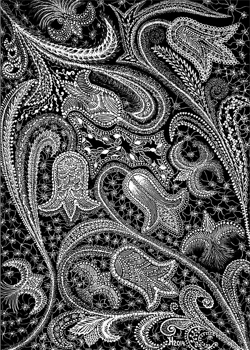 White-on-black ornamental ink drawing of tulip flowers woven into lace-like decorative patterns