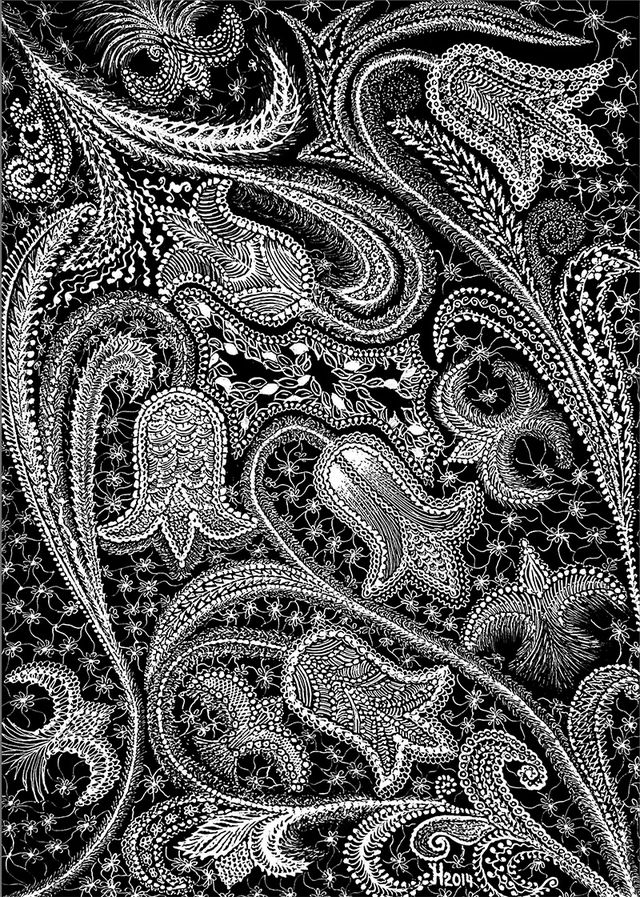 Tulips White-on-black ornamental ink drawing of tulip flowers woven into lace-like decorative patterns